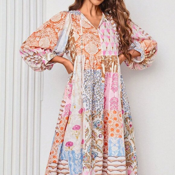 Dresses & Skirts - Multicolor Boho Women's Lantern Sleeve Maxi Dress V Neck Tie Patchwork Print